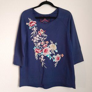 Johnny Was French Terry 3/4 Sleeve Embroidered Pullover Sweatshirt-Style Size S
